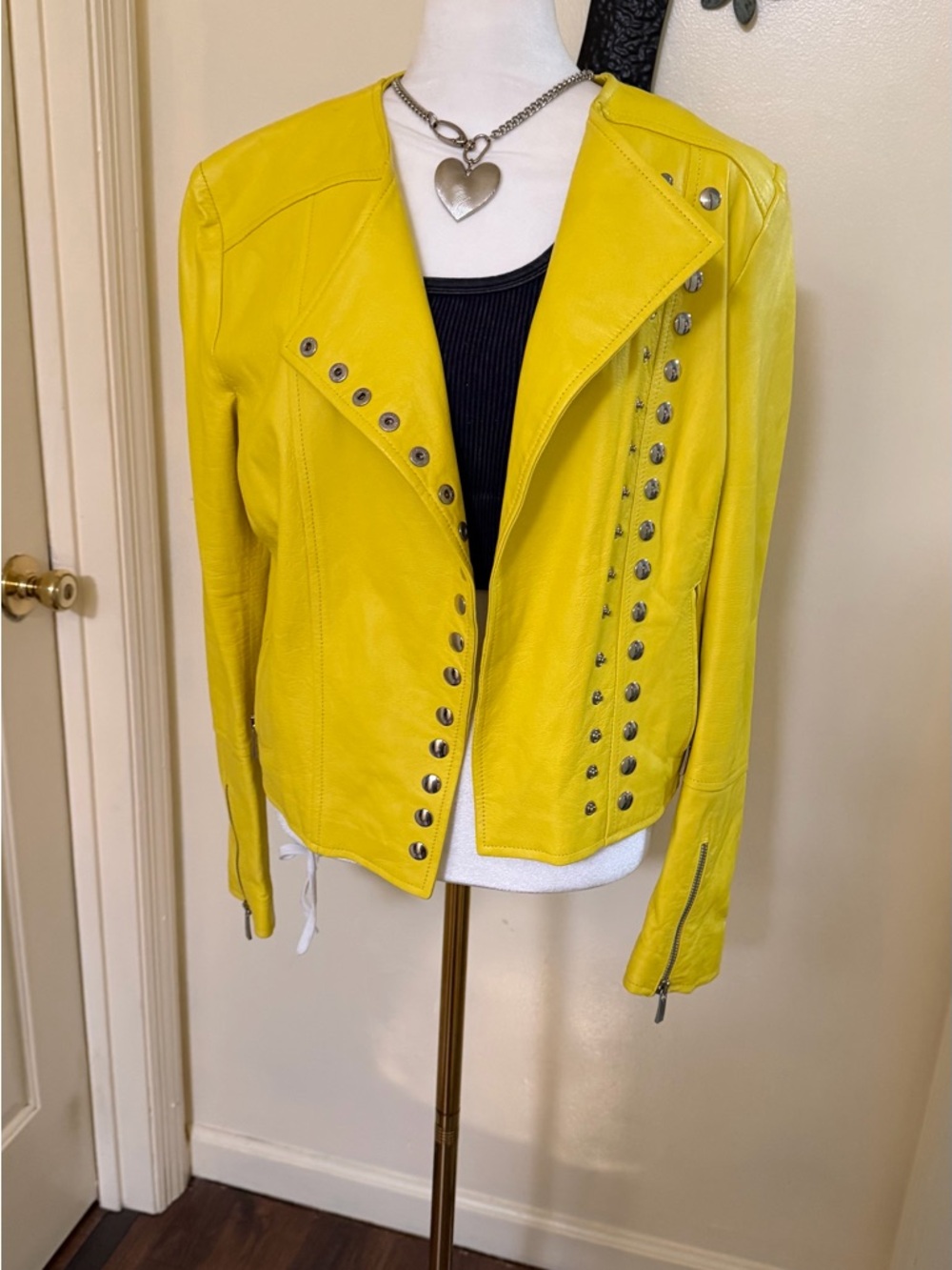 Yellow Studded vegan Leather Jacket - Women's Stylish Moto Coat. Made in Italy